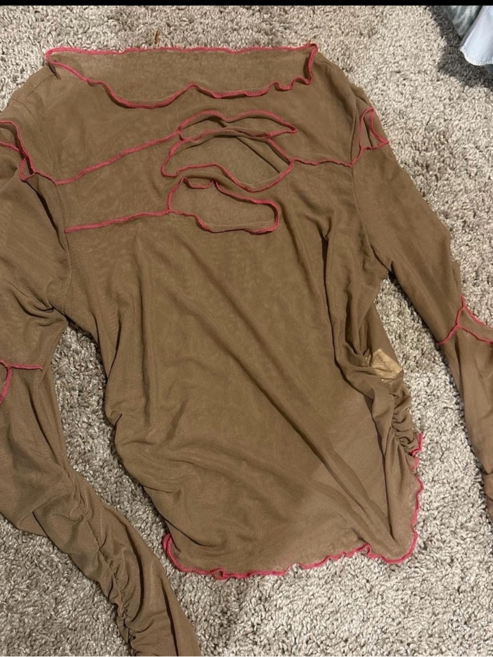 Brown Long-Sleeve Top with Pink Contrast Edging